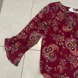 LOFT Burgundy Floral Blouse with Bell Sleeves
